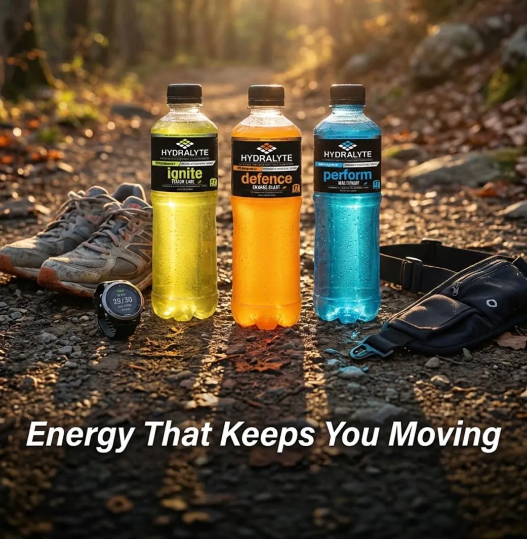 Hydralyte electrolyte hydration sachets lifestyle shot with water glass in UAE setting