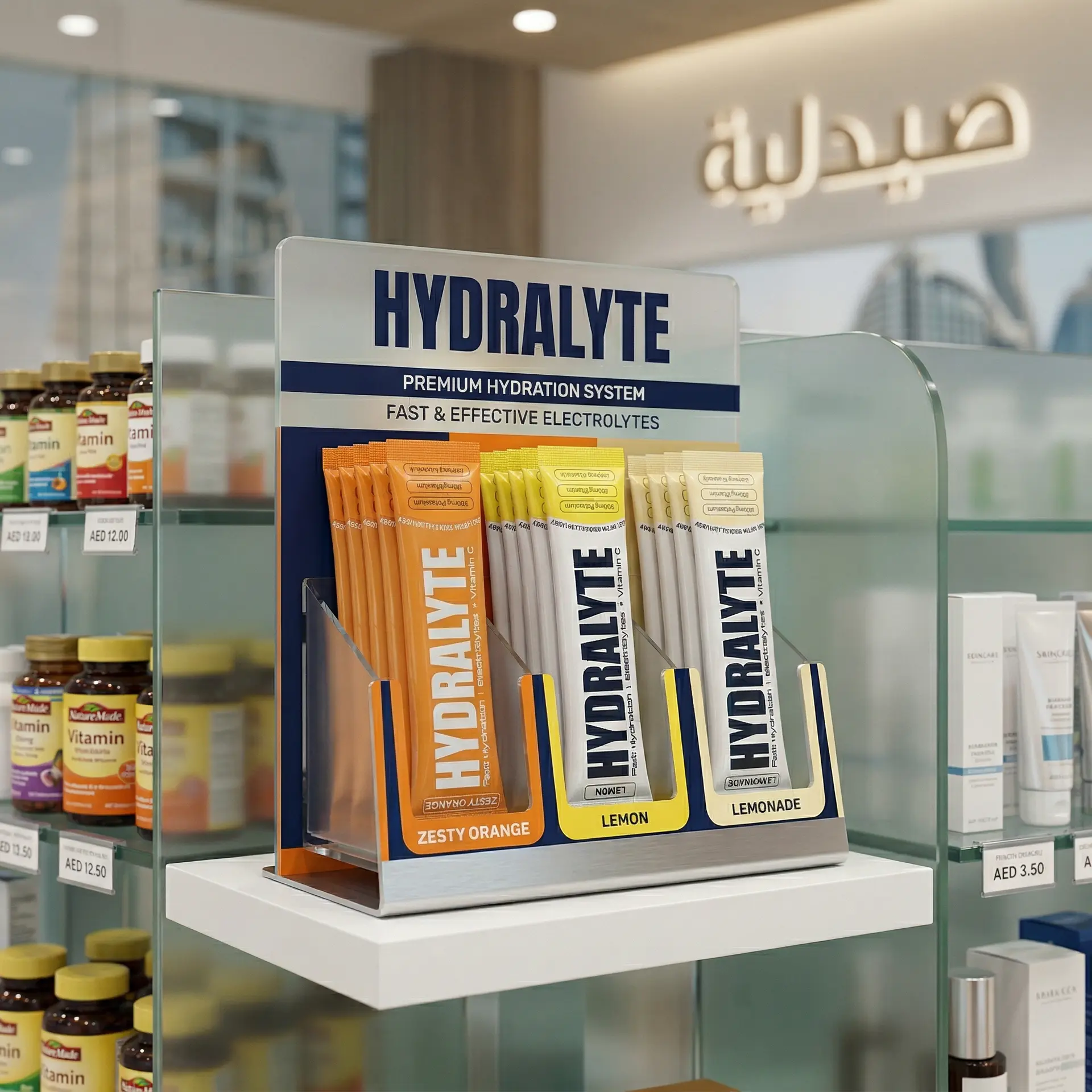 Hydralyte wholesale retail partner product display for GCC pharmacies gyms and stores
