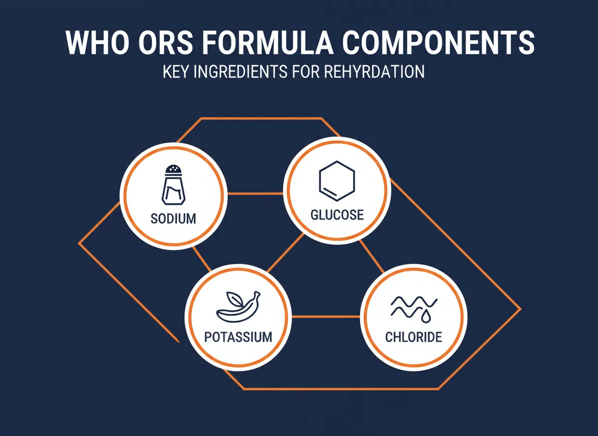 ORS packet and prepared oral rehydration solution in a glass on a clinical white surface — WHO ORS guide