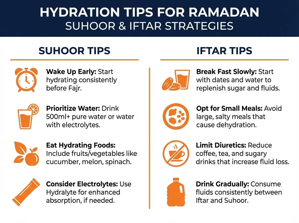 A warm iftar table in a Dubai home with dates, water, and an electrolyte drink — Ramadan hydration guide