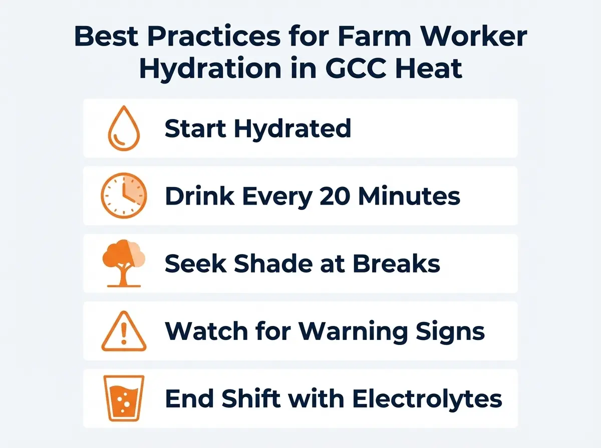 Agricultural workers on a GCC farm taking a hydration break during the working day in intense sun