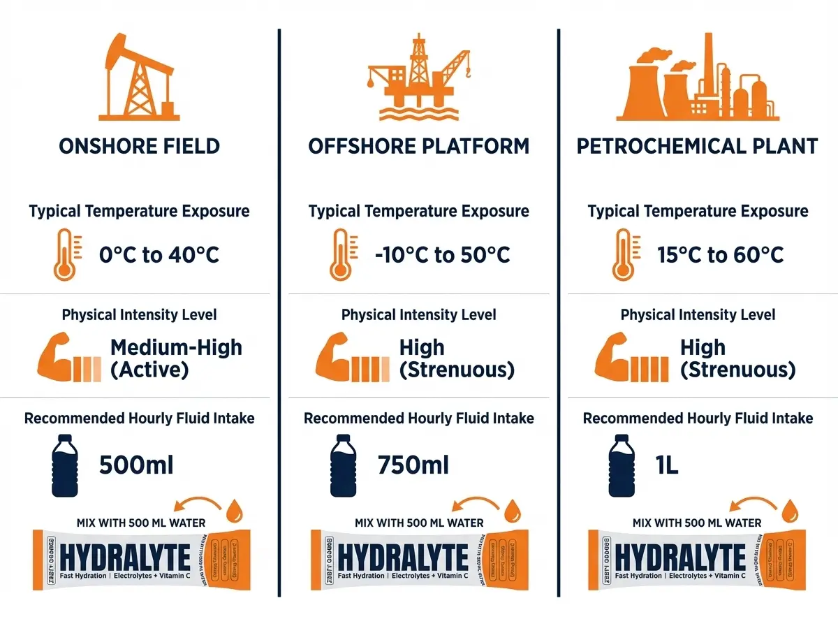 An oil field worker in full PPE drinking water during a work break — Gulf oil and gas hydration guide