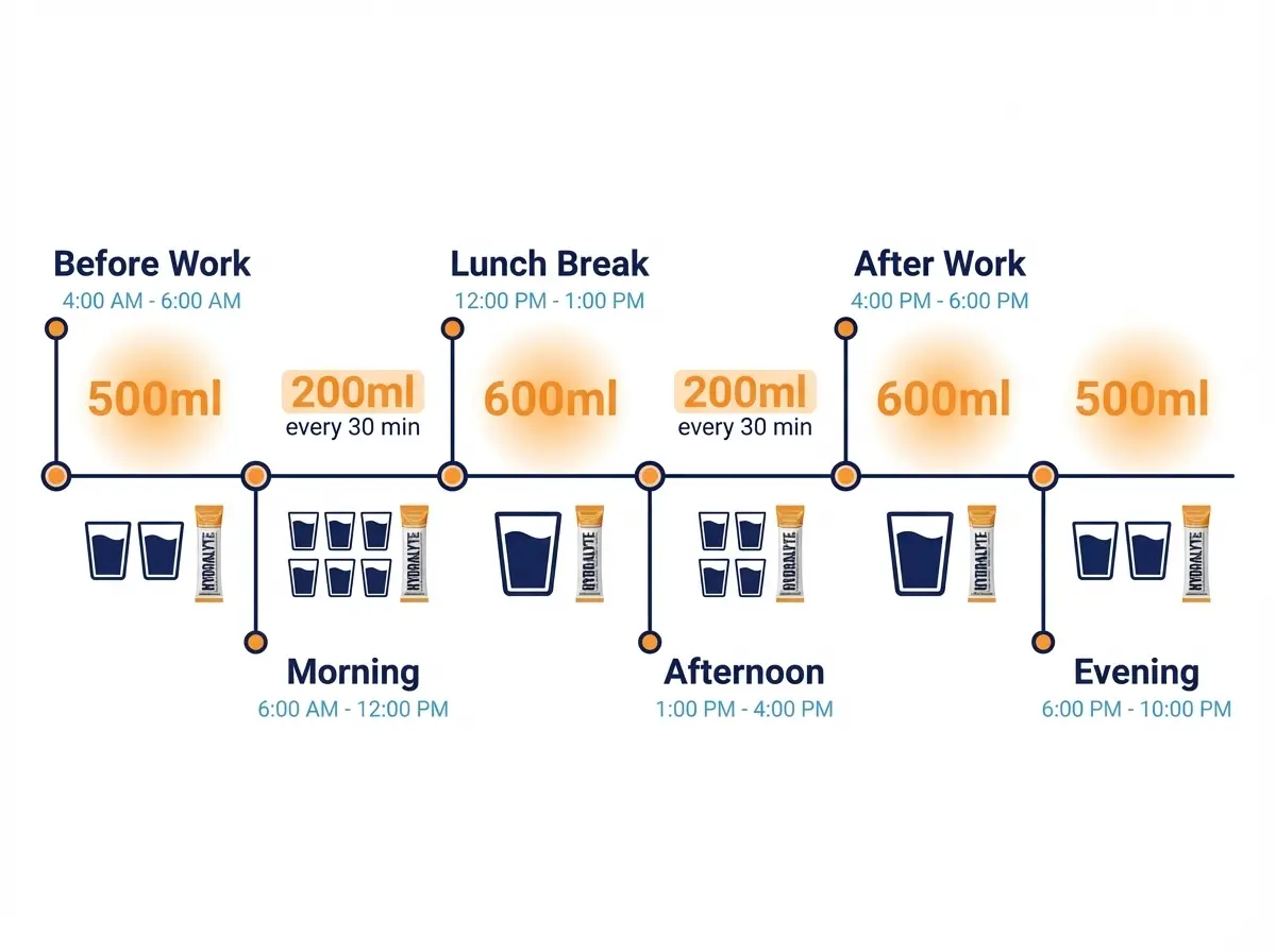 Group of construction workers in safety gear hydrating during a break in shade on a UAE construction site