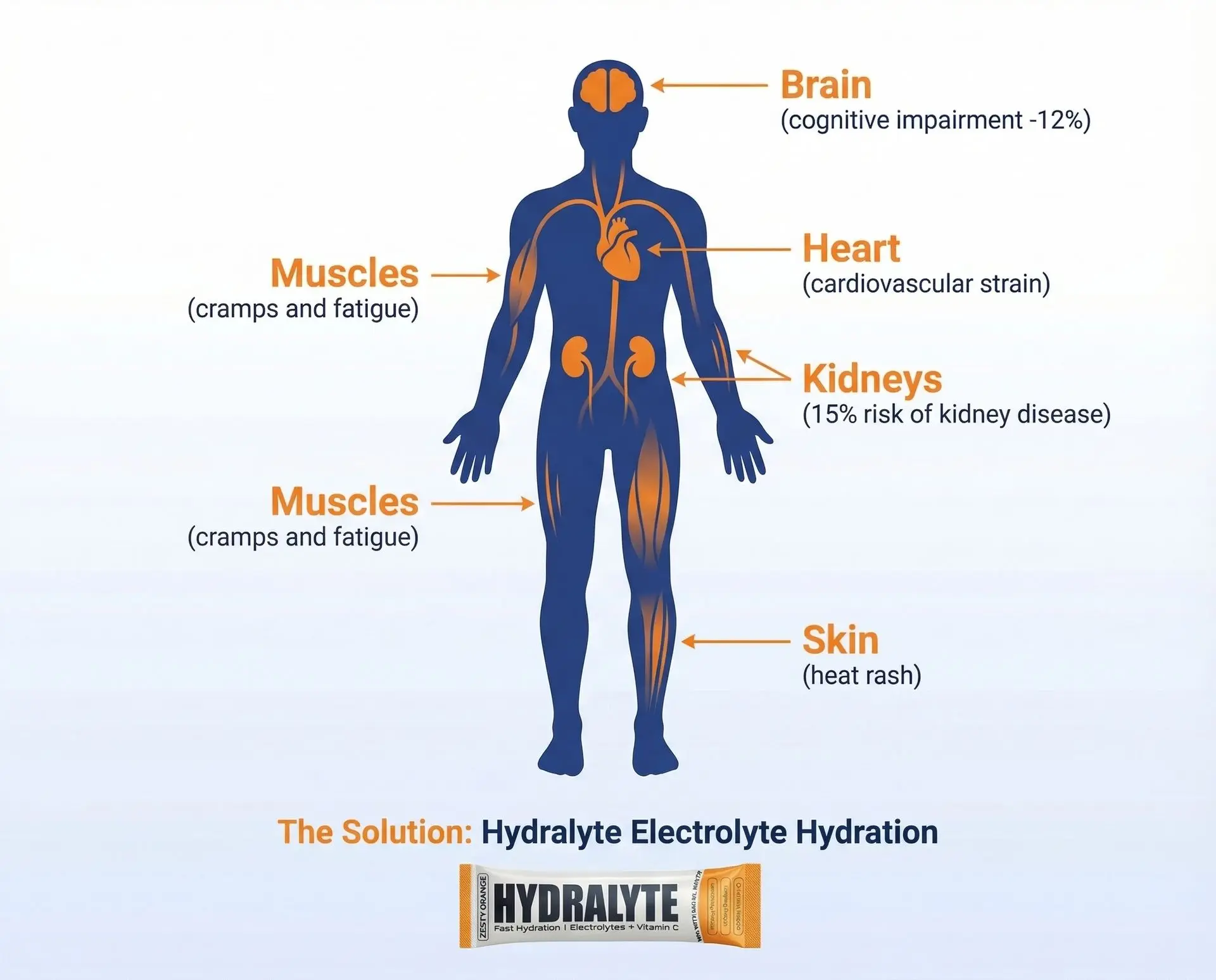 Dehydration and heat stress effects on UAE outdoor workers — impaired cognition, muscle cramps, heat exhaustion infographic