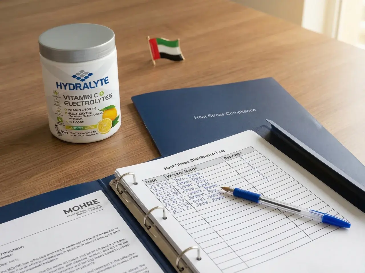 Hydralyte MOHRE compliance documentation UAE — heat stress distribution logs and HSE audit records for outdoor worker electrolyte rehydration program