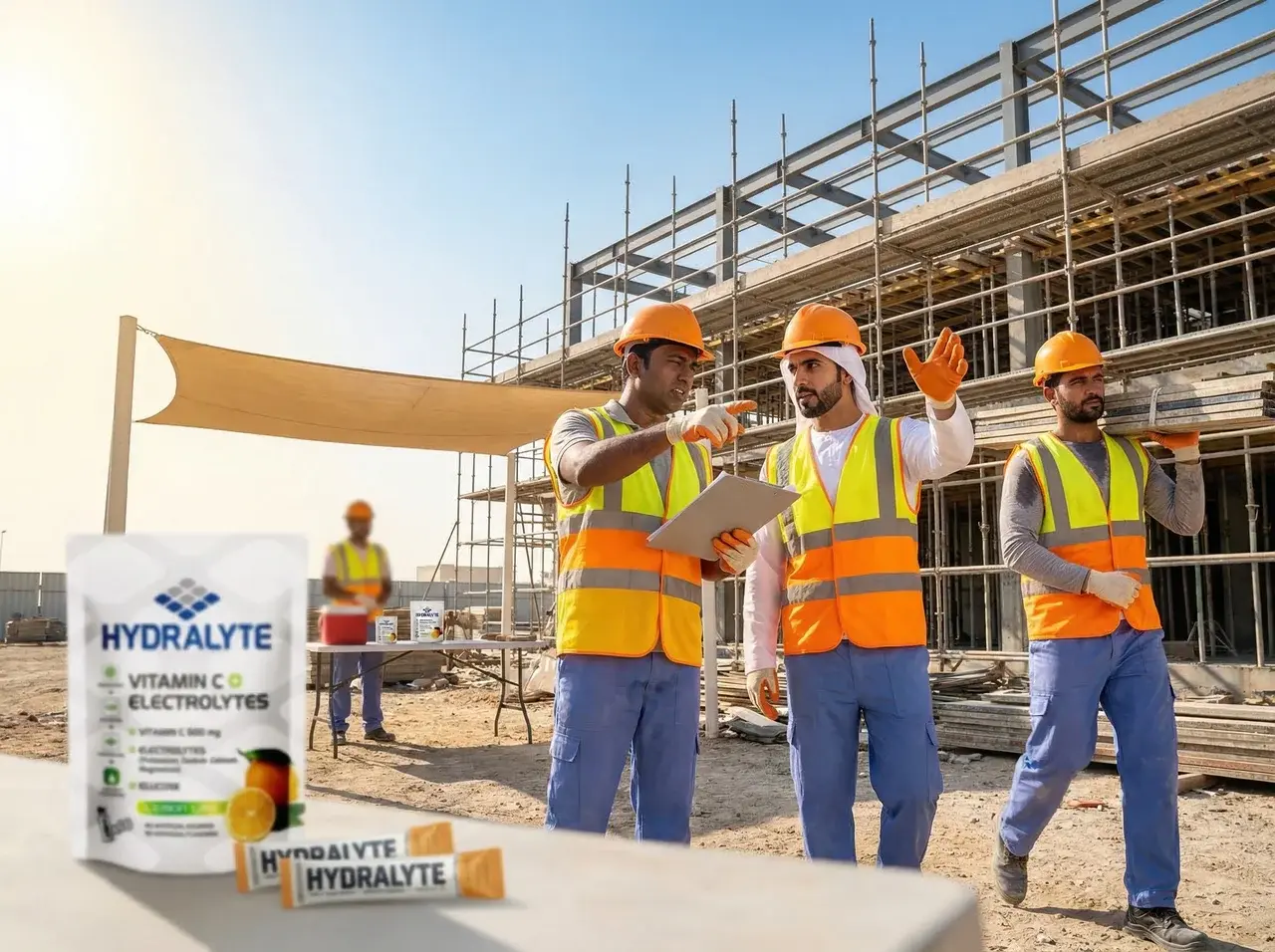 Hydralyte workforce ROI productive UAE construction workers — proper electrolyte hydration reduces heat stress incidents and recovers 8–10% productivity loss