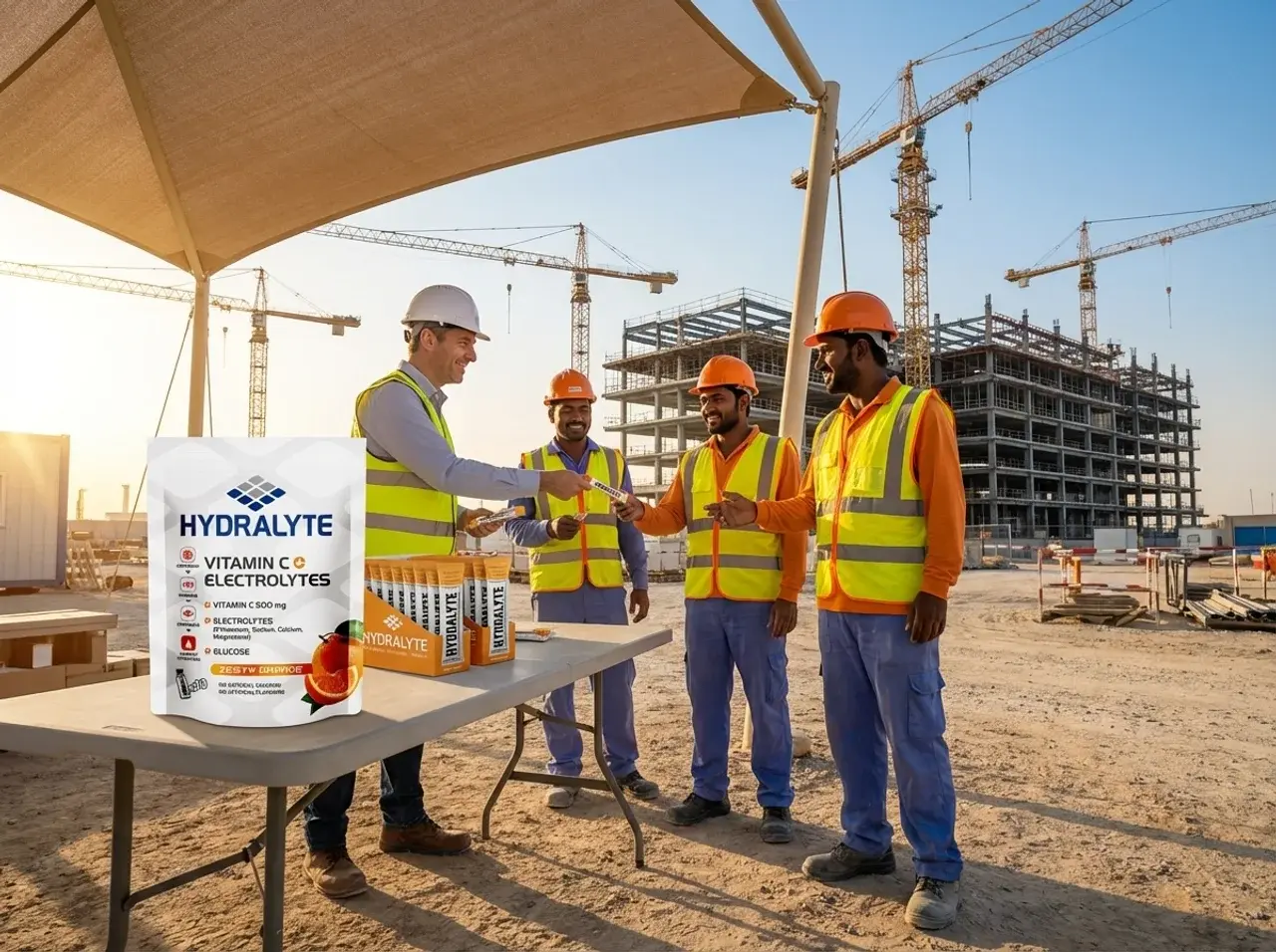 Hydralyte workers welfare station UAE — MOHRE approved electrolyte rehydration for outdoor construction workforce, June 15 to September 15 compliance