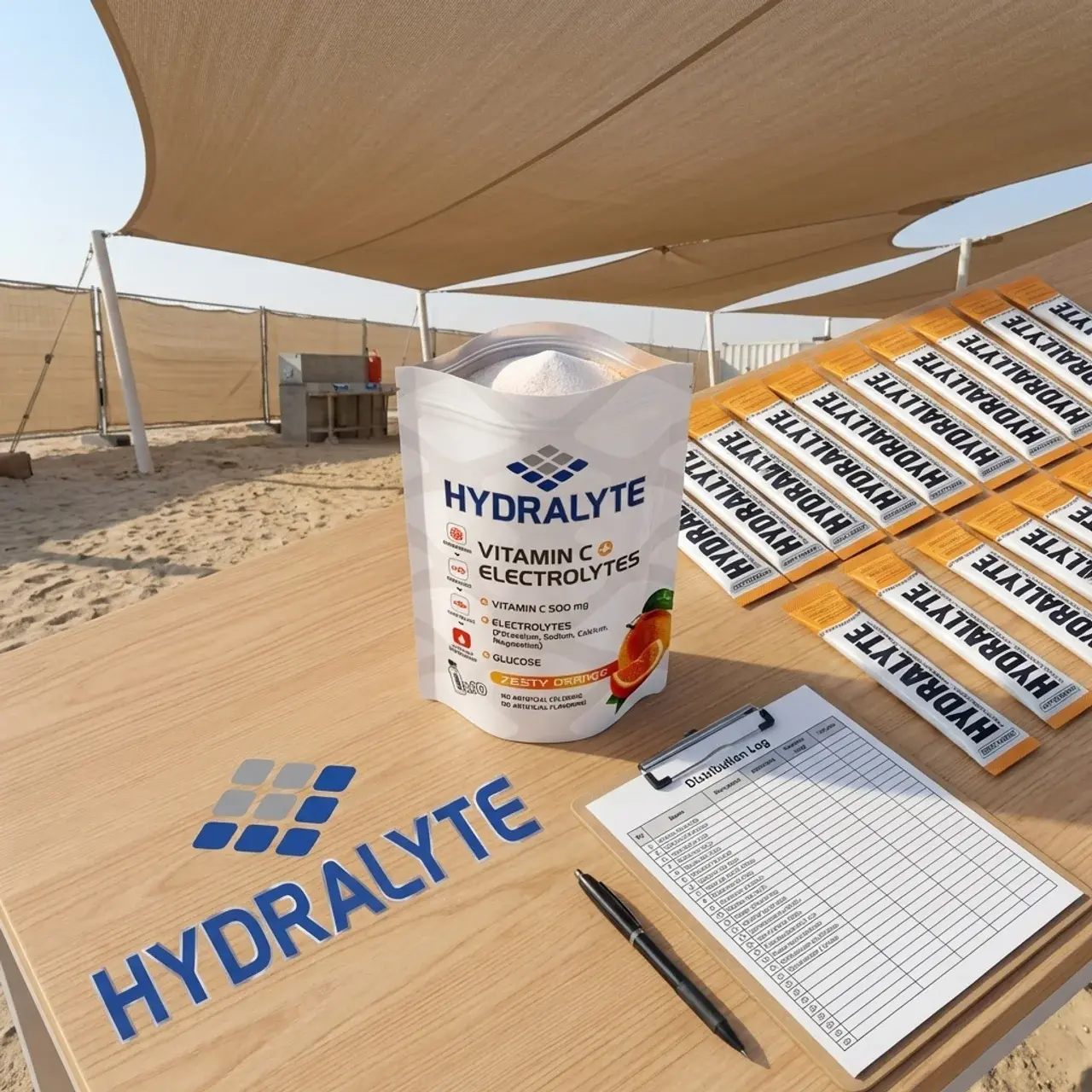 Hydralyte industrial workforce hydration welfare station at construction site in UAE