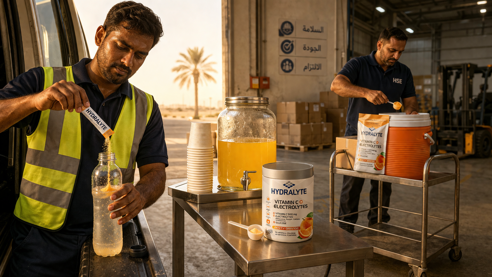 Hydralyte fleet hydration formats — sachet, station jar, camp pouch in UAE logistics depot