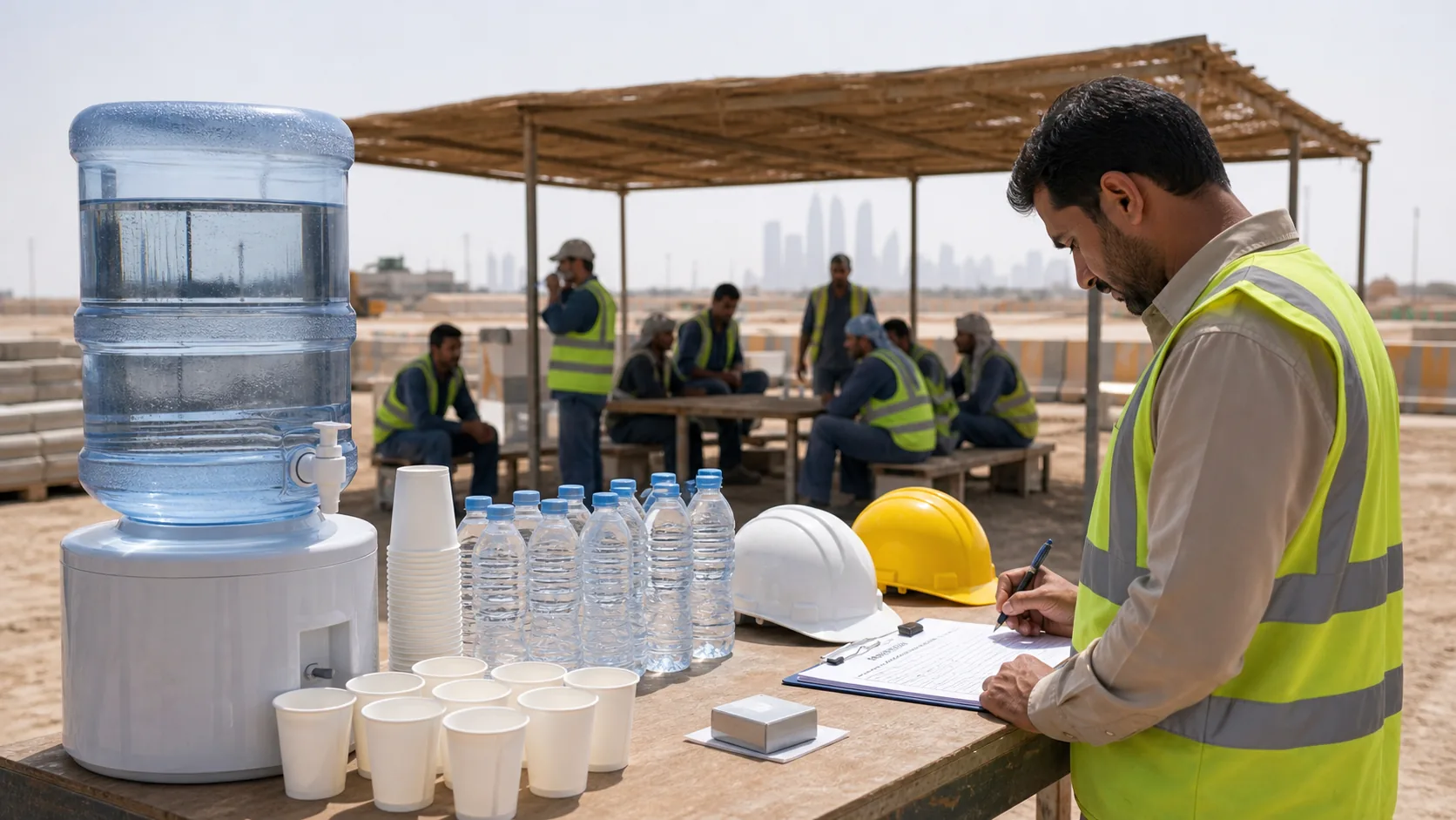 UAE worksite hydration area supporting midday break heat safety compliance