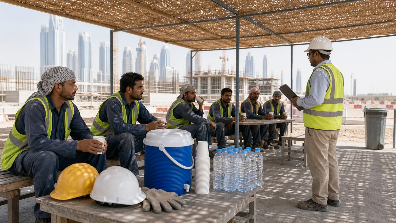 UAE worksite hydration area supporting midday break heat safety compliance