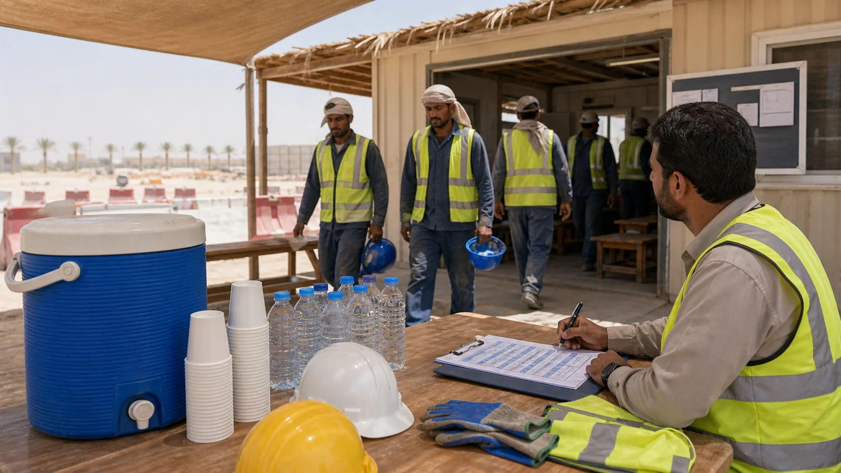 UAE worksite hydration area supporting midday break heat safety compliance