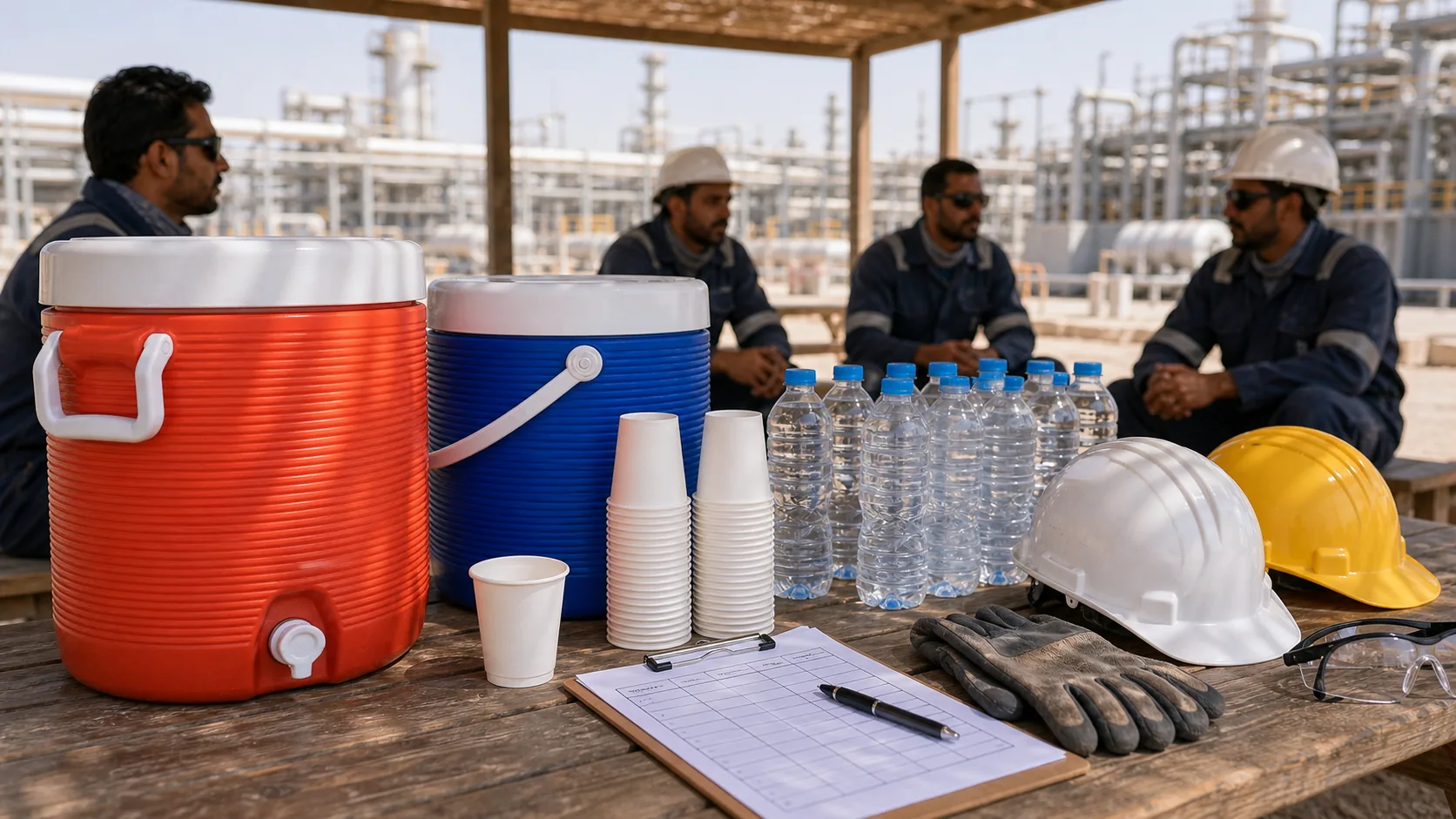HSE team reviewing heat stress hydration compliance documents in UAE