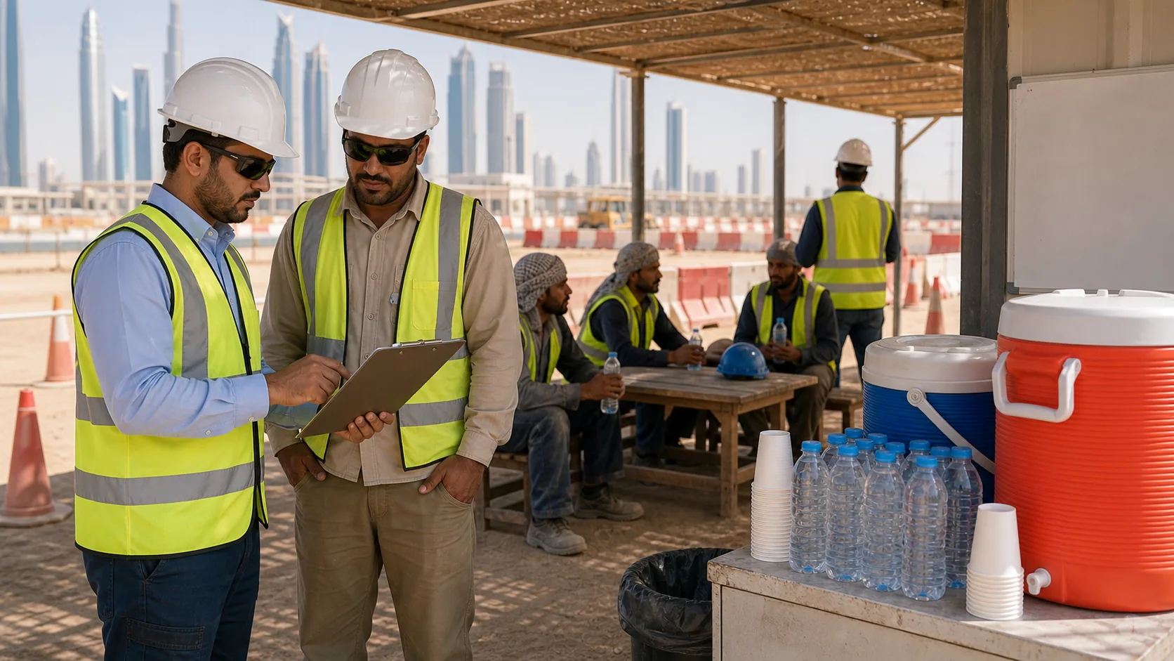 HSE team reviewing heat stress hydration compliance documents in UAE