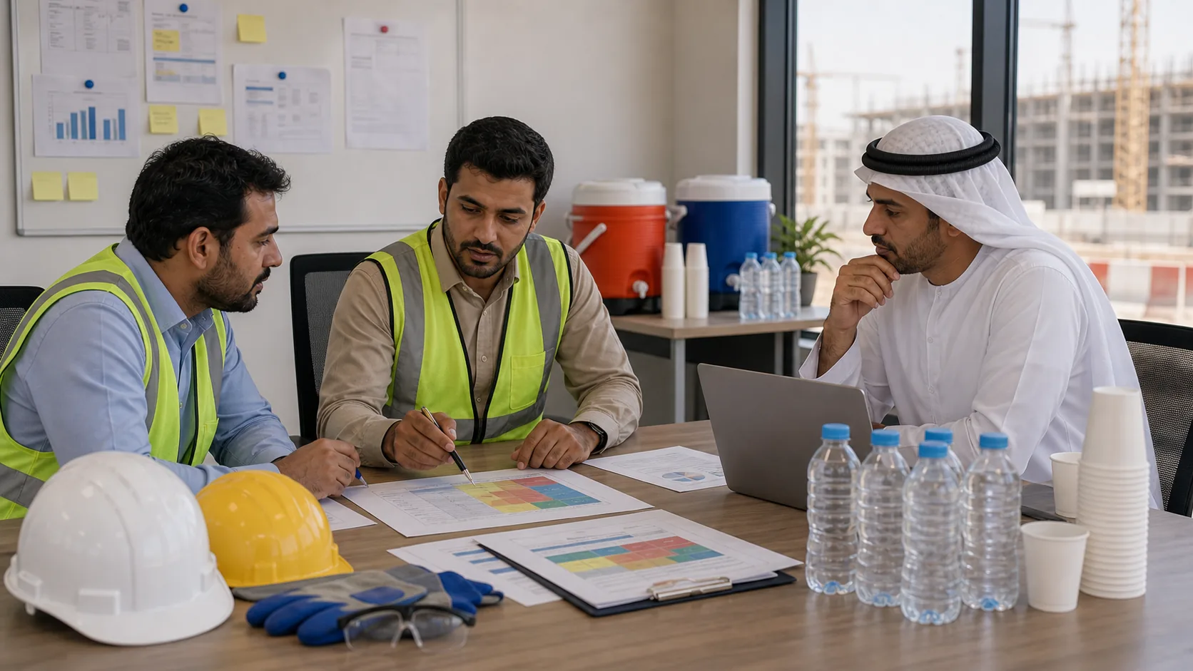 HSE team reviewing heat stress hydration compliance documents in UAE