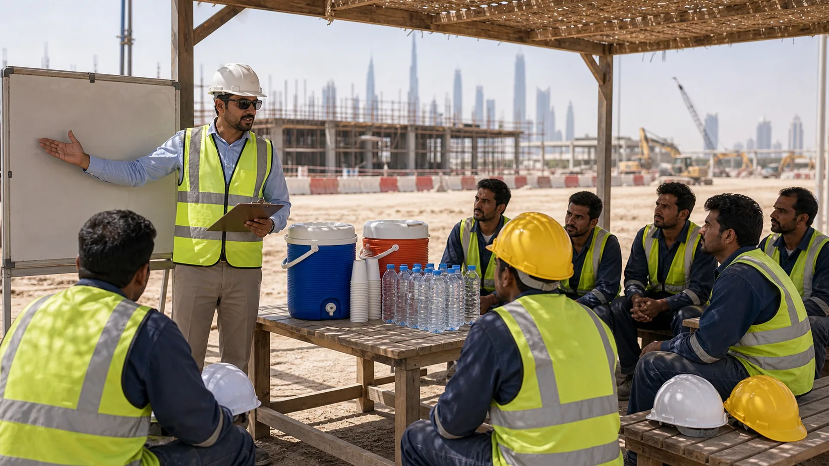 UAE worksite hydration area supporting midday break heat safety compliance