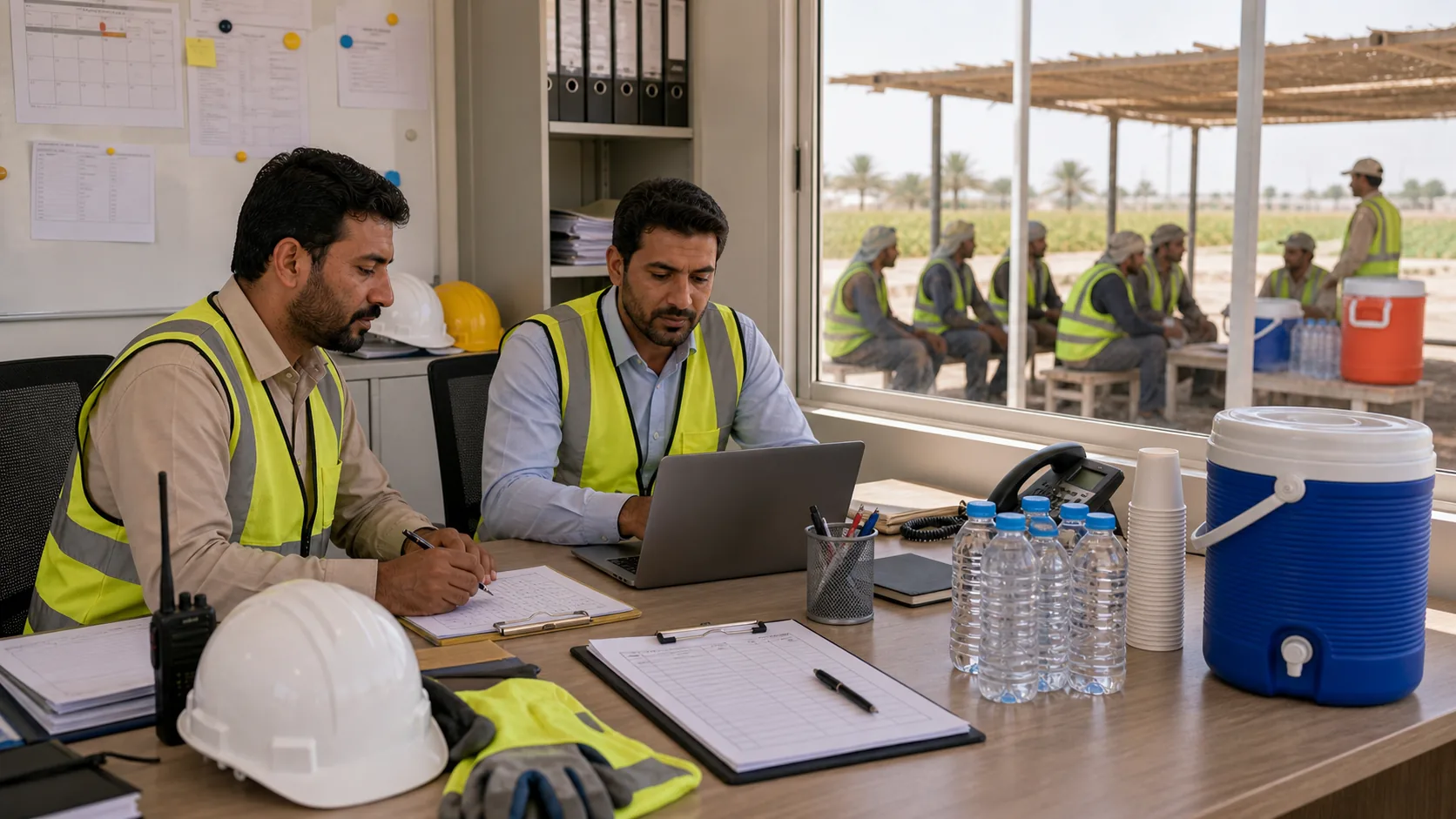 UAE worksite hydration area supporting midday break heat safety compliance