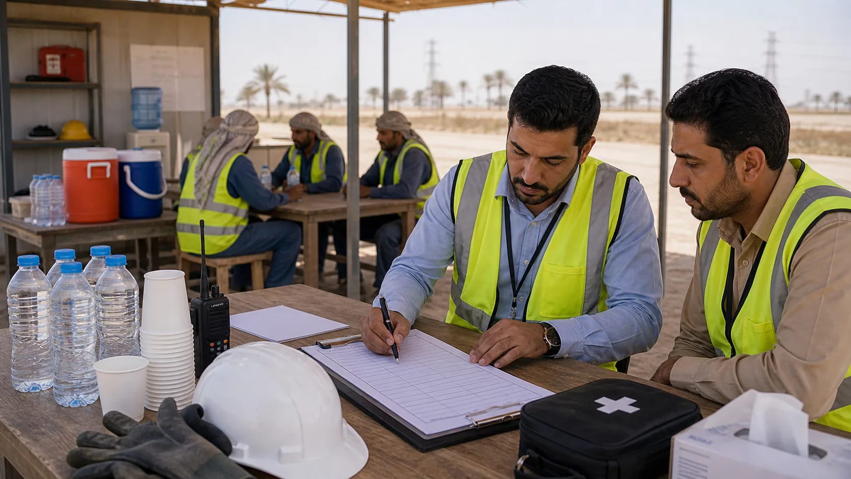 HSE team reviewing heat stress hydration compliance documents in UAE