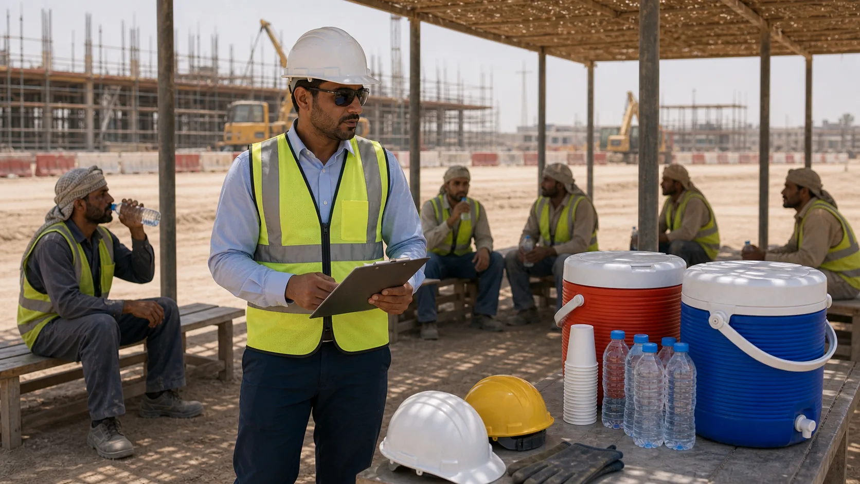 HSE team reviewing heat stress hydration compliance documents in UAE