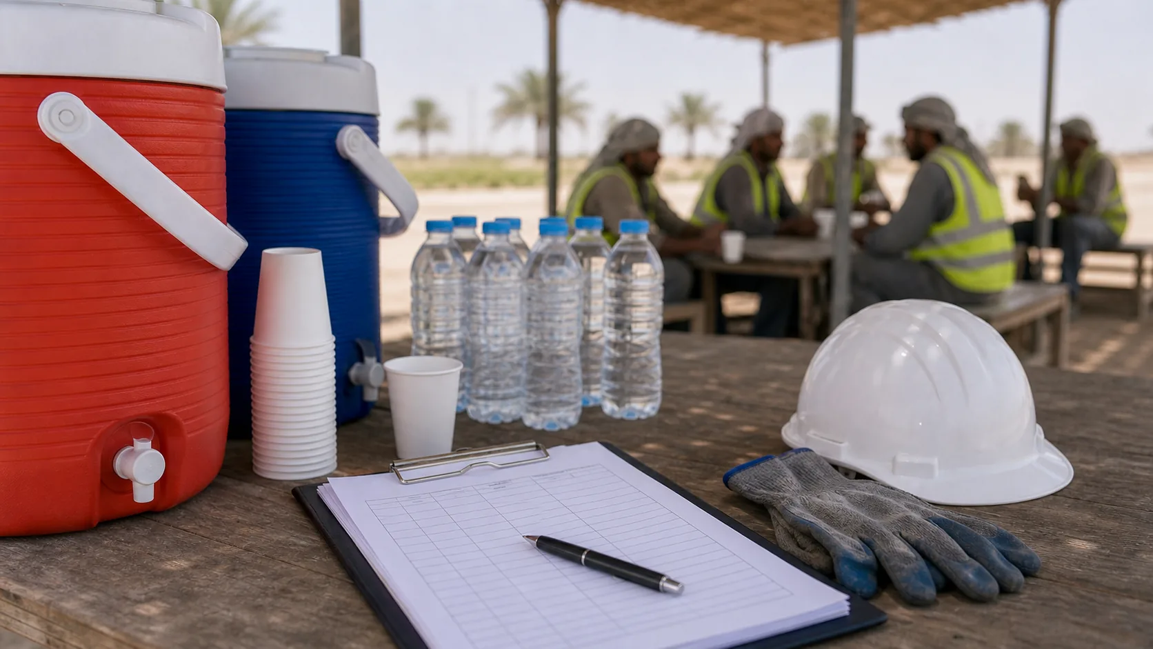 UAE worksite hydration area supporting midday break heat safety compliance