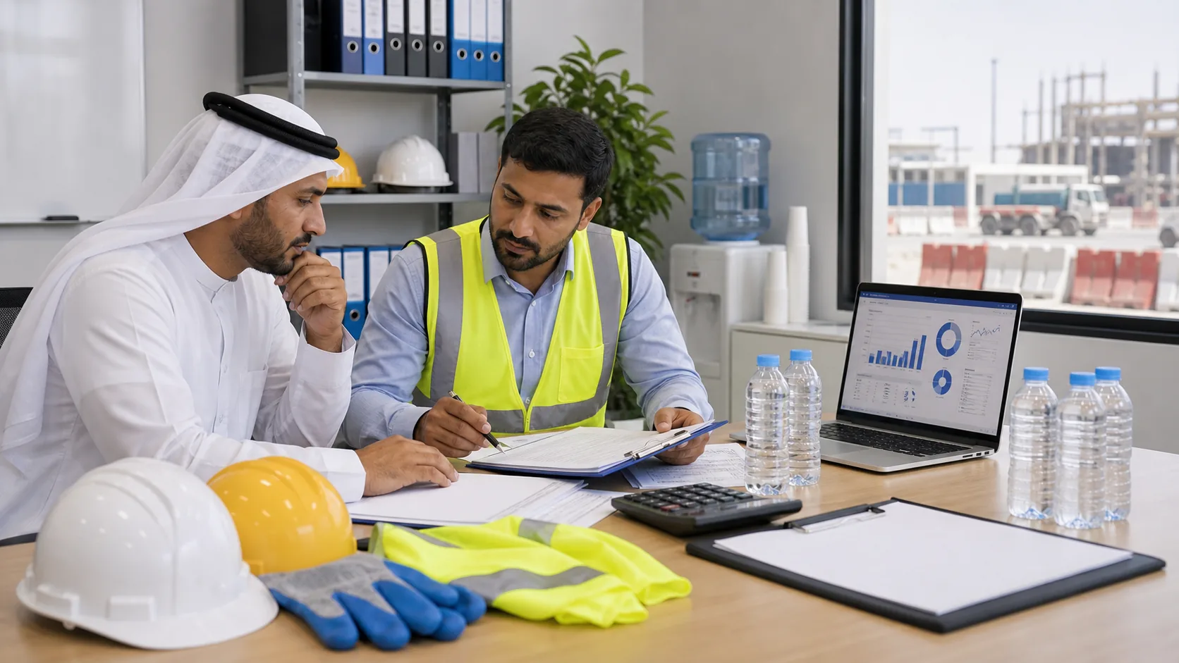 HSE team reviewing heat stress hydration compliance documents in UAE