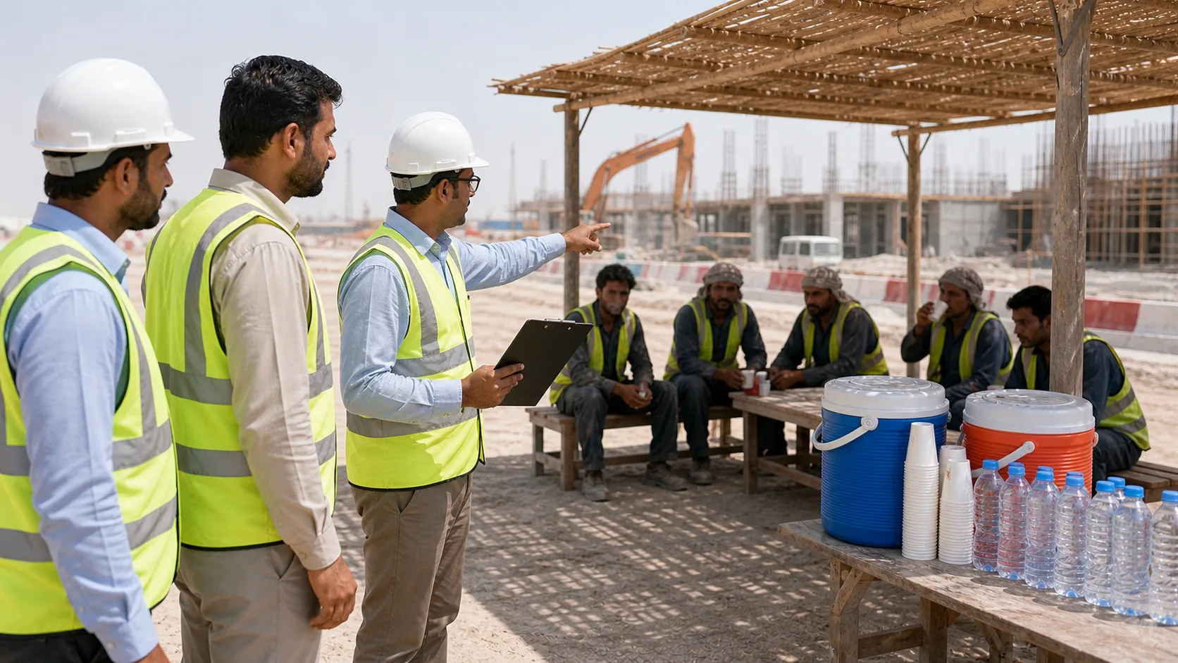 HSE team reviewing heat stress hydration compliance documents in UAE