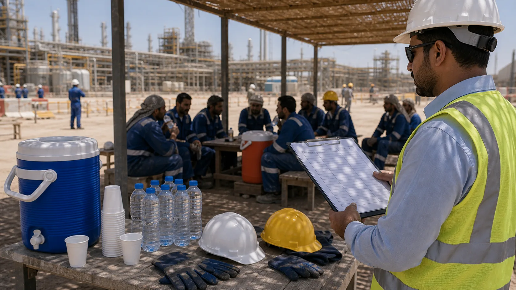 HSE team reviewing heat stress hydration compliance documents in UAE