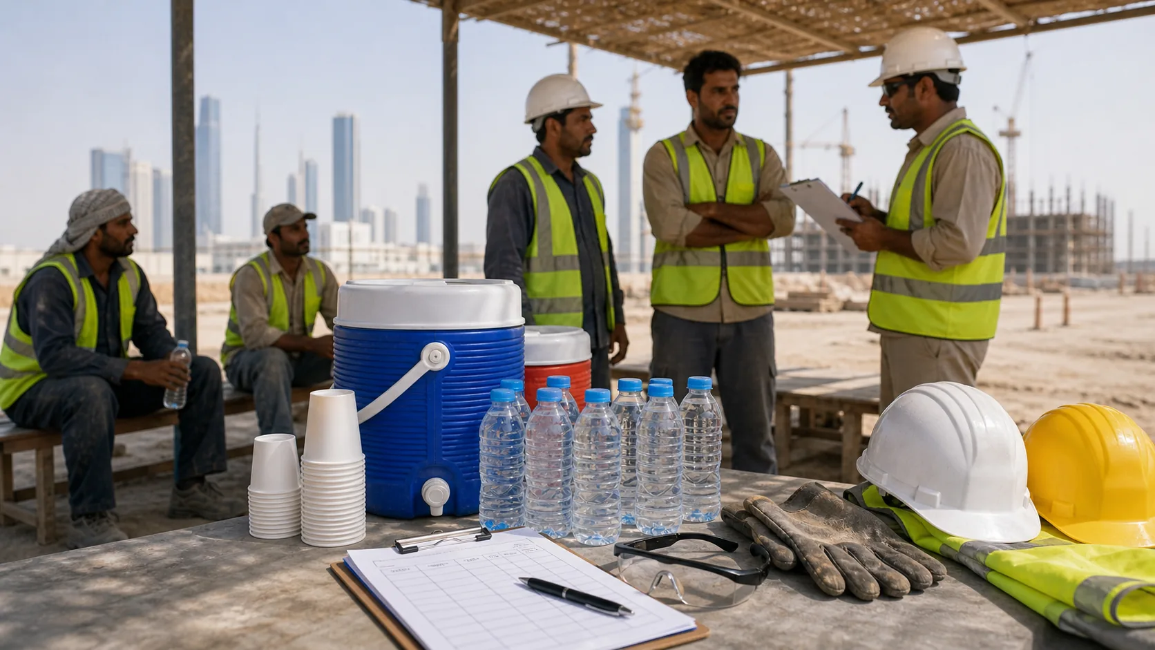 HSE team reviewing heat stress hydration compliance documents in UAE