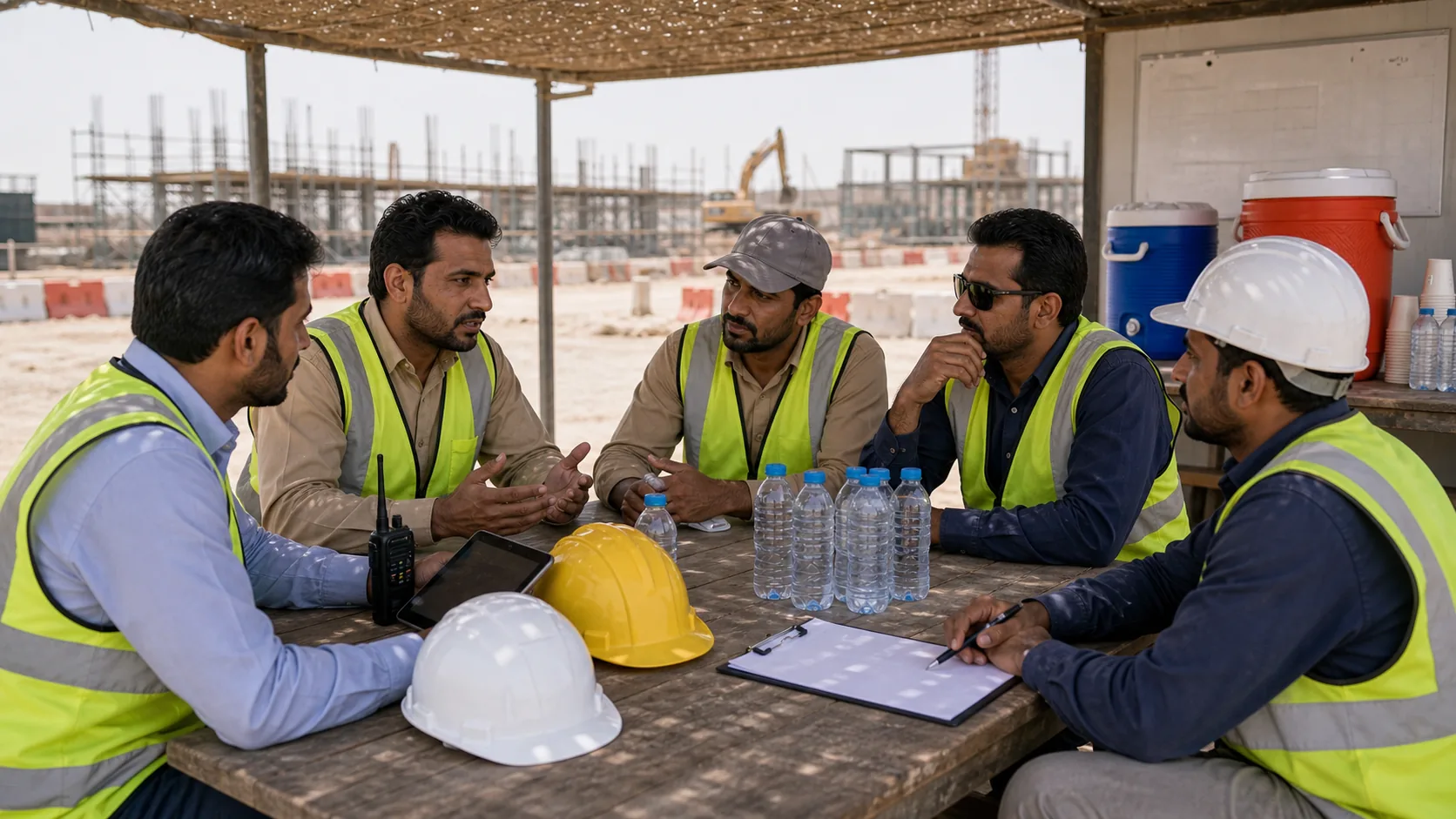 HSE team reviewing heat stress hydration compliance documents in UAE