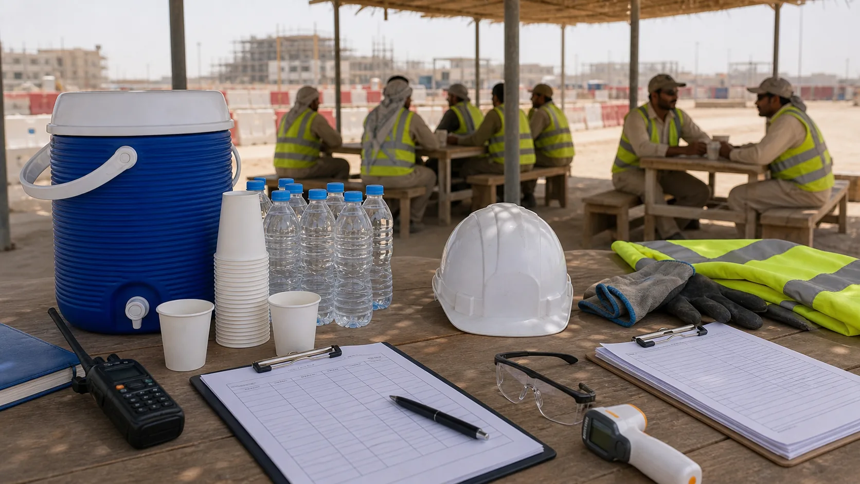 HSE team reviewing heat stress hydration compliance documents in UAE