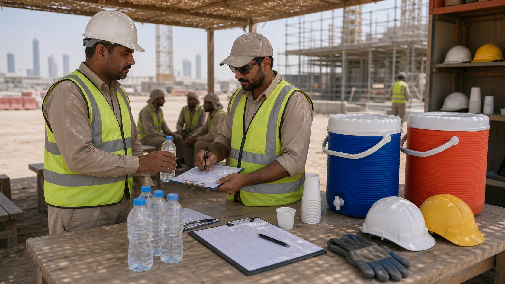 UAE worksite hydration area supporting midday break heat safety compliance