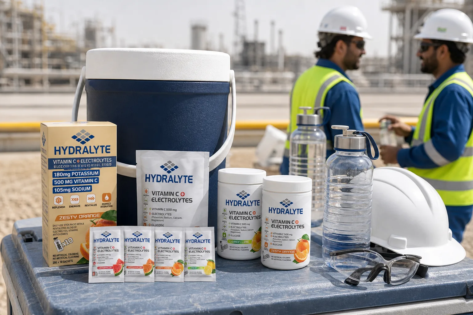 Hydralyte electrolytes at an outdoor Gulf worksite hydration cooler station
