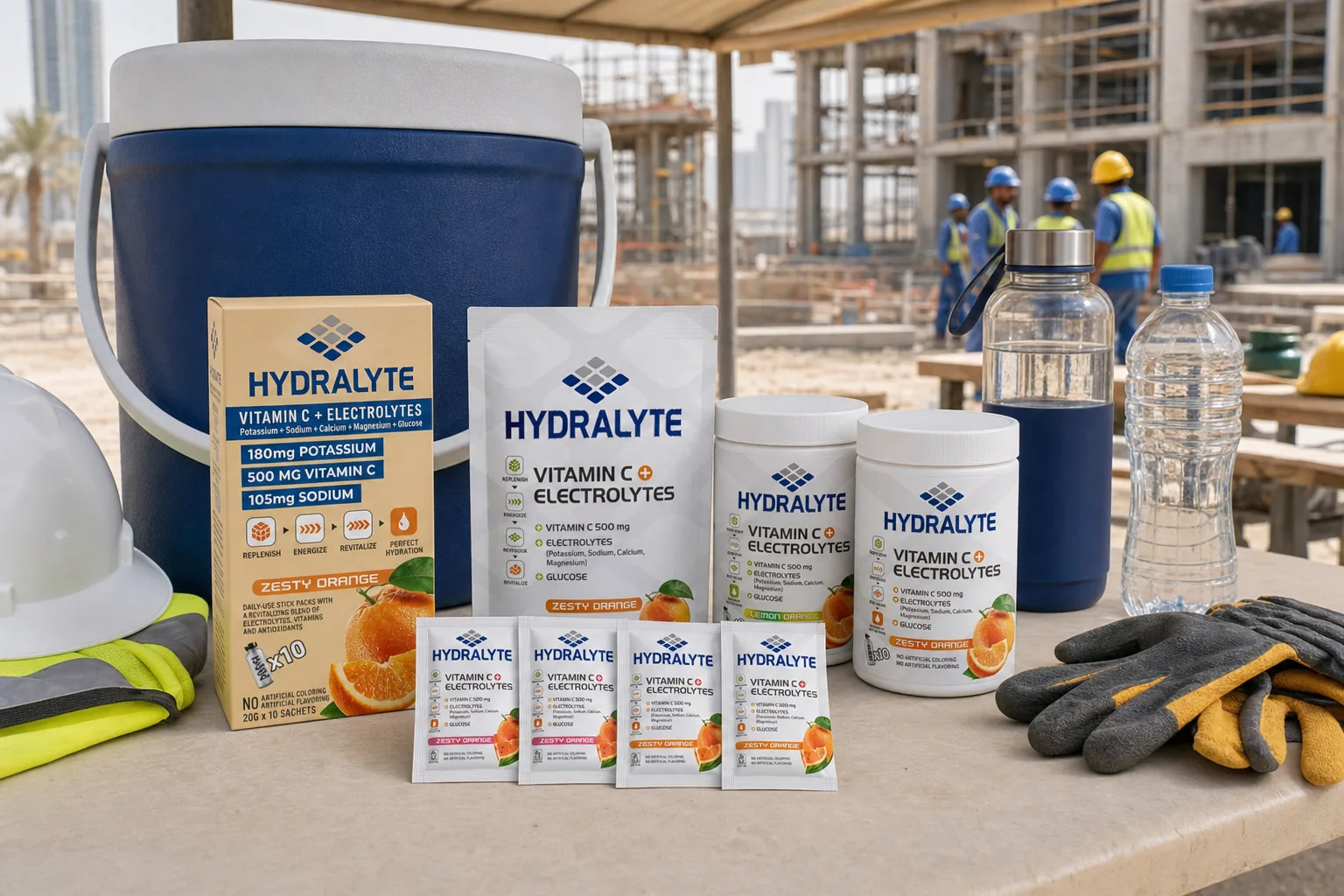 Hydralyte stick packs on a UAE construction site hydration table with water and safety gear