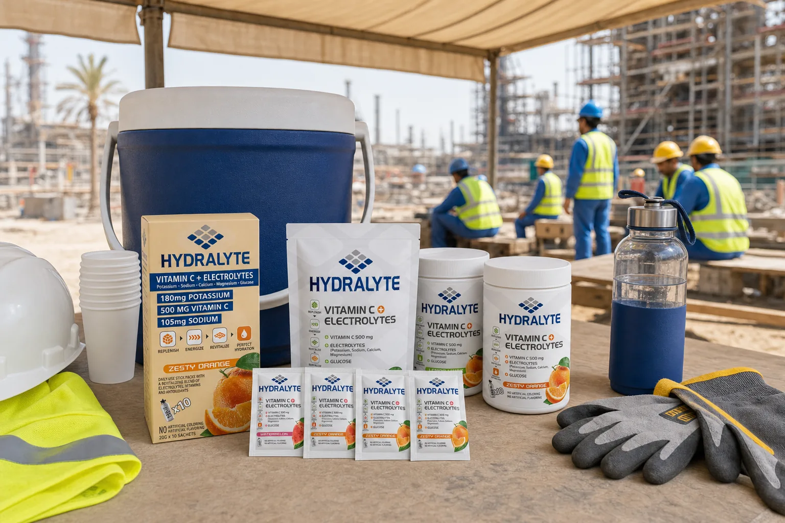 Hydralyte electrolytes on a heat stress prevention table at an outdoor UAE worksite