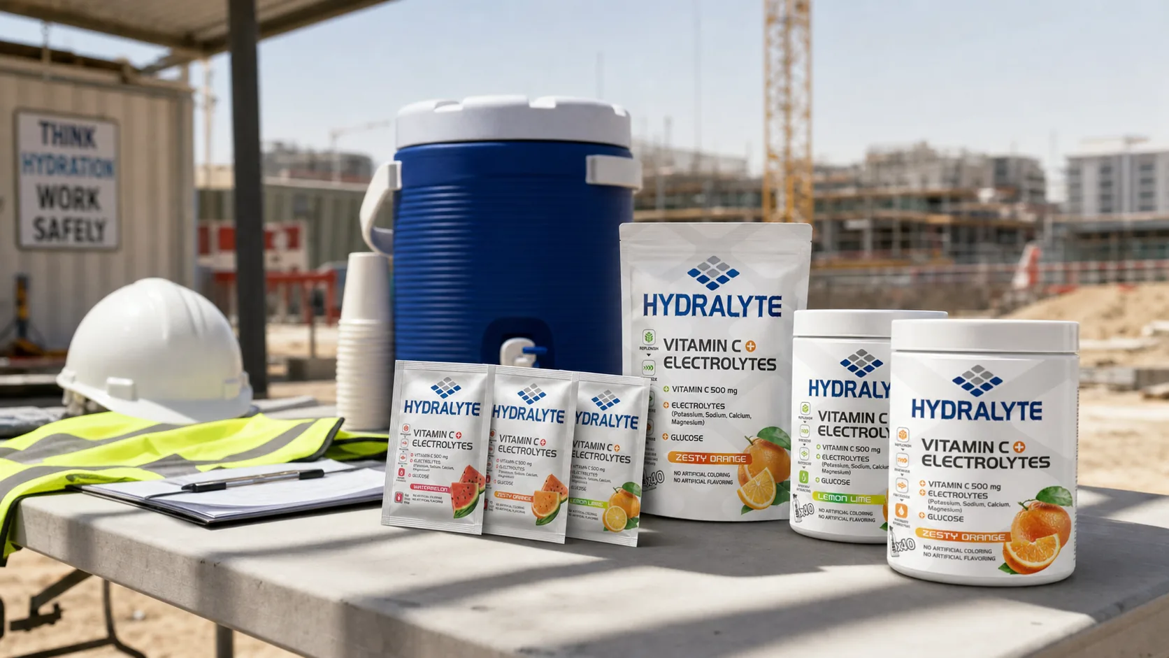 Hydralyte electrolyte products at a UAE worker heat safety hydration station