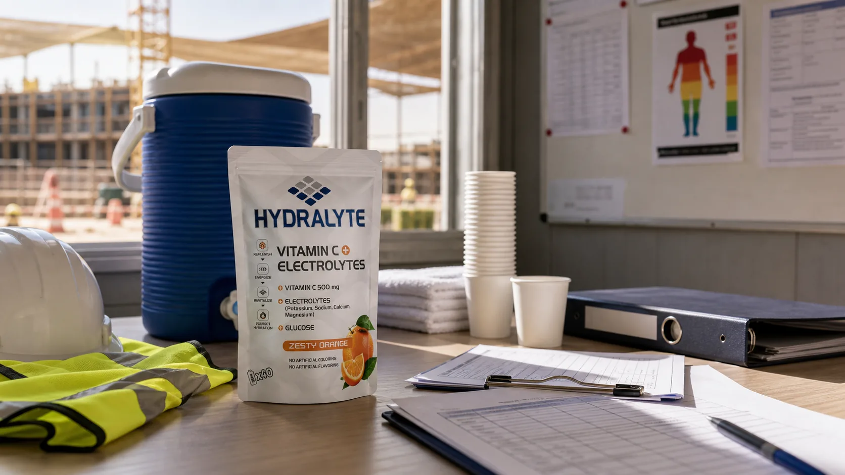 Hydralyte pouch at a Dubai workplace heat stress program hydration table