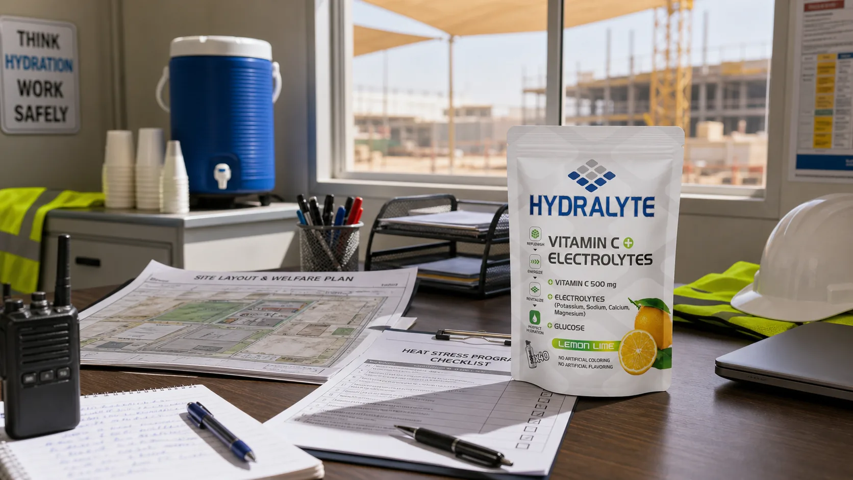 Hydralyte pouch beside heat stress planning materials in a Dubai site office