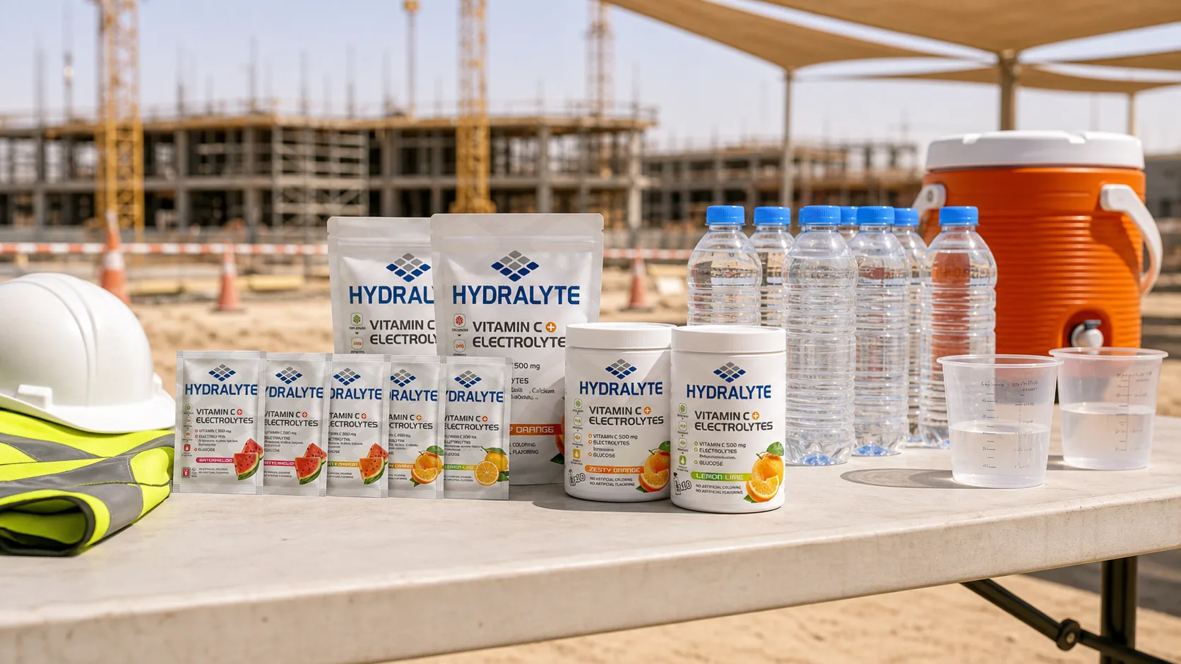 Hydralyte electrolyte products beside water bottles for UAE heat stress prevention