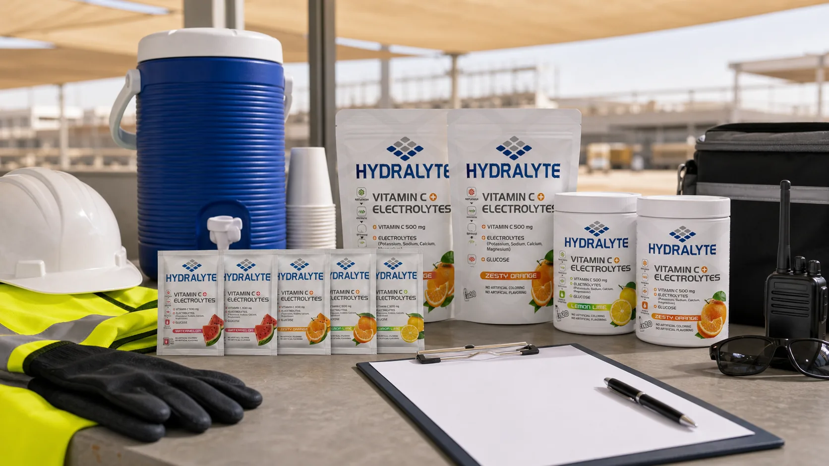 Hydralyte products with UAE summer heat safety supplies for employers