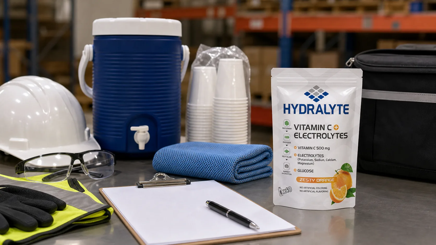 Hydralyte pouch in an employer heat safety kit for UAE summer worksites