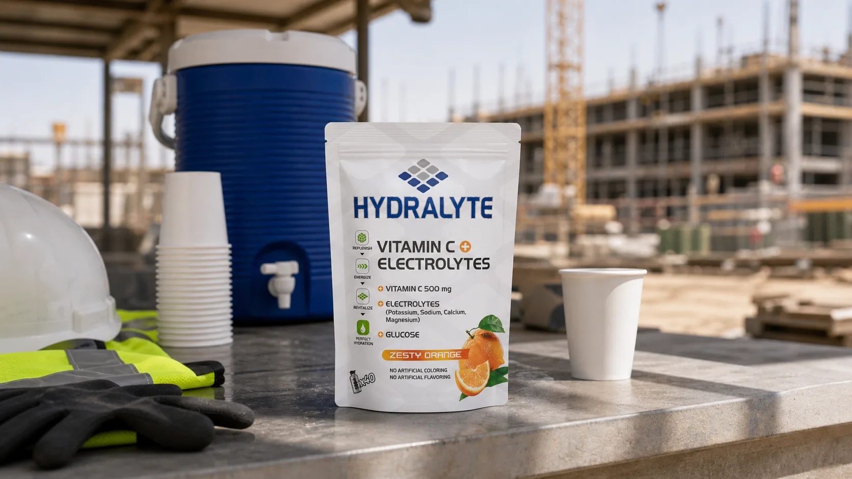 Hydralyte pouch at a UAE construction site hydration station