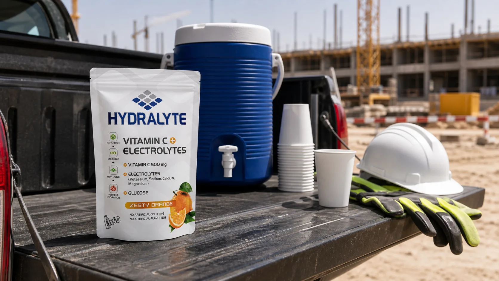 Hydralyte pouch at a construction site hydration point in the UAE