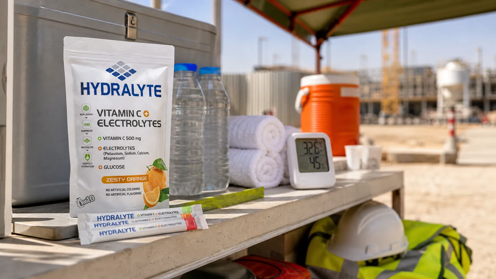 Hydralyte electrolyte range at a UAE delivery rider hydration stop