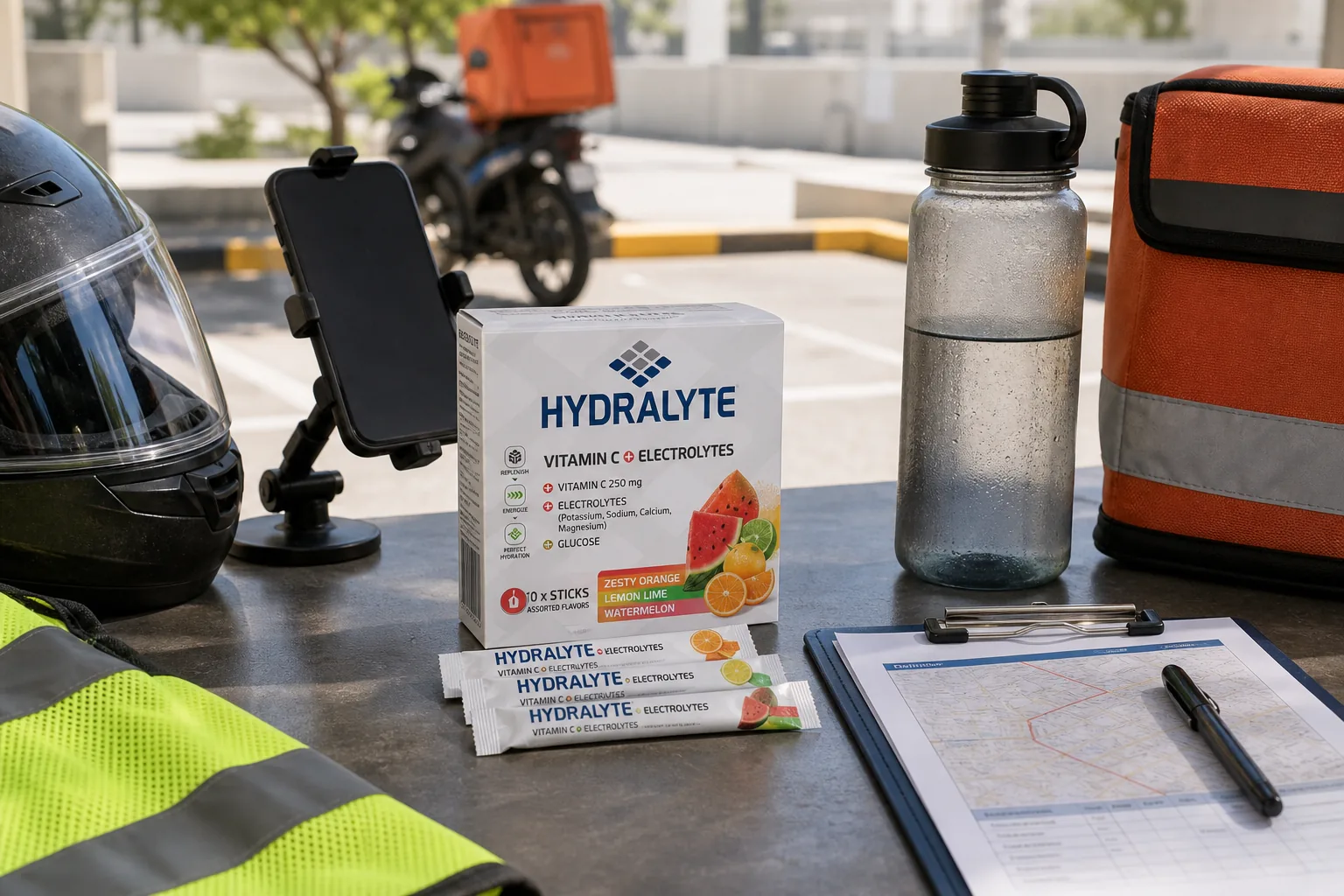 Hydralyte portable sticks at a UAE delivery rider rest point