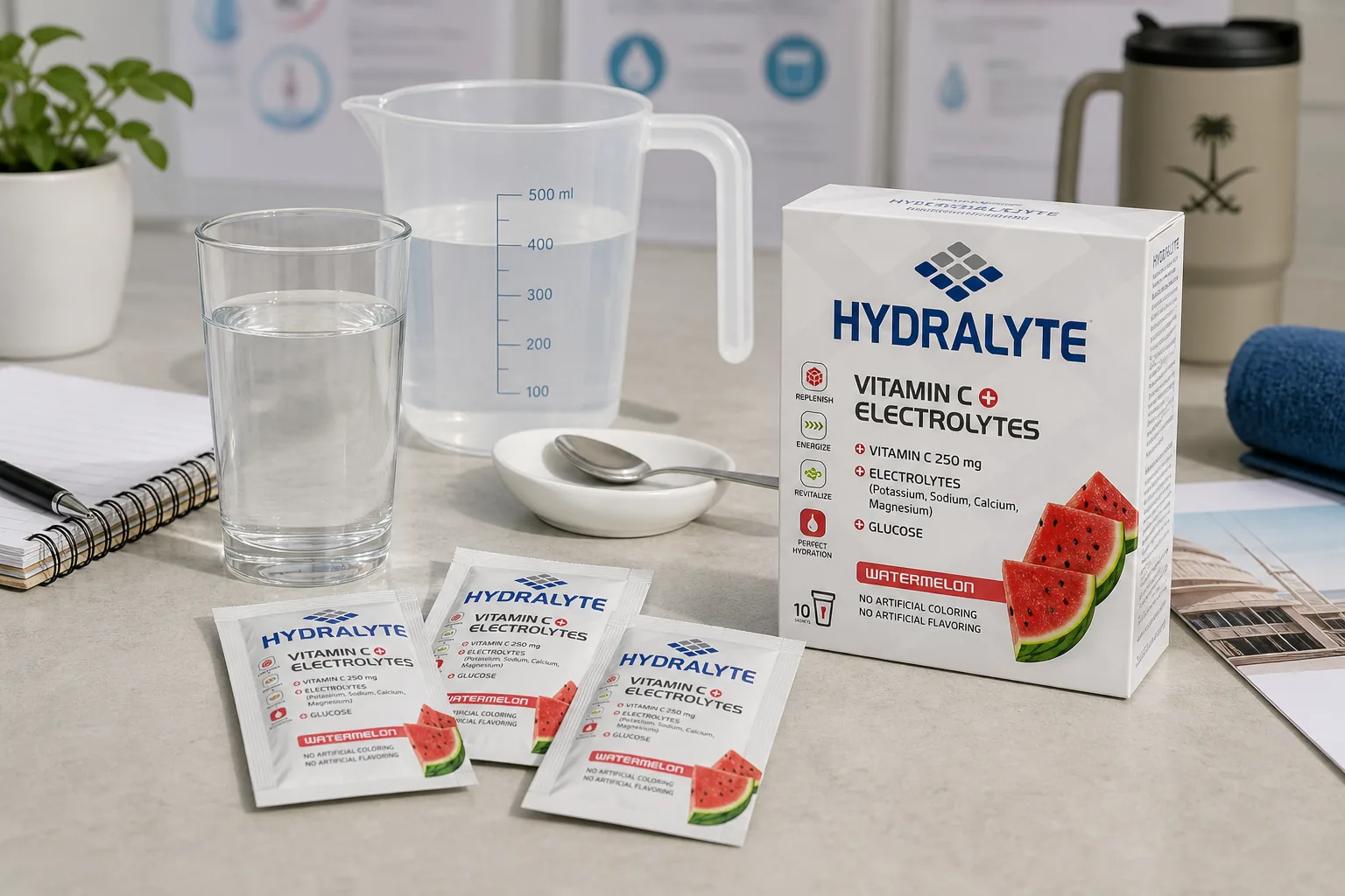 Hydralyte sachets on an oral rehydration preparation counter in the UAE