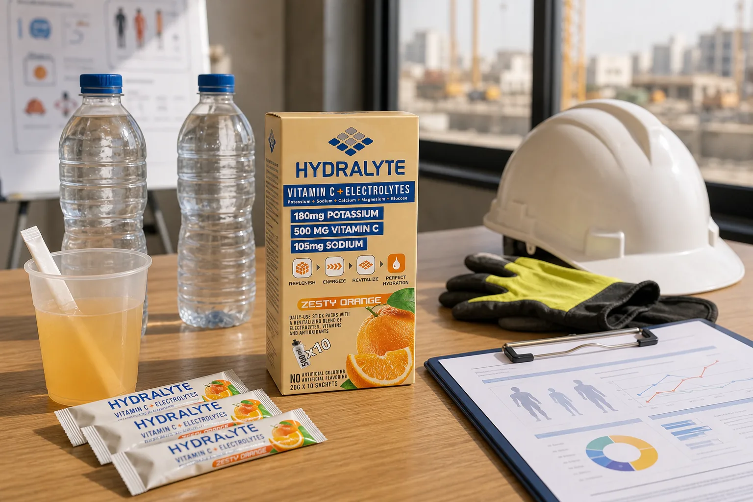 Hydralyte zesty orange electrolyte sachets for UAE worker hydration comparison