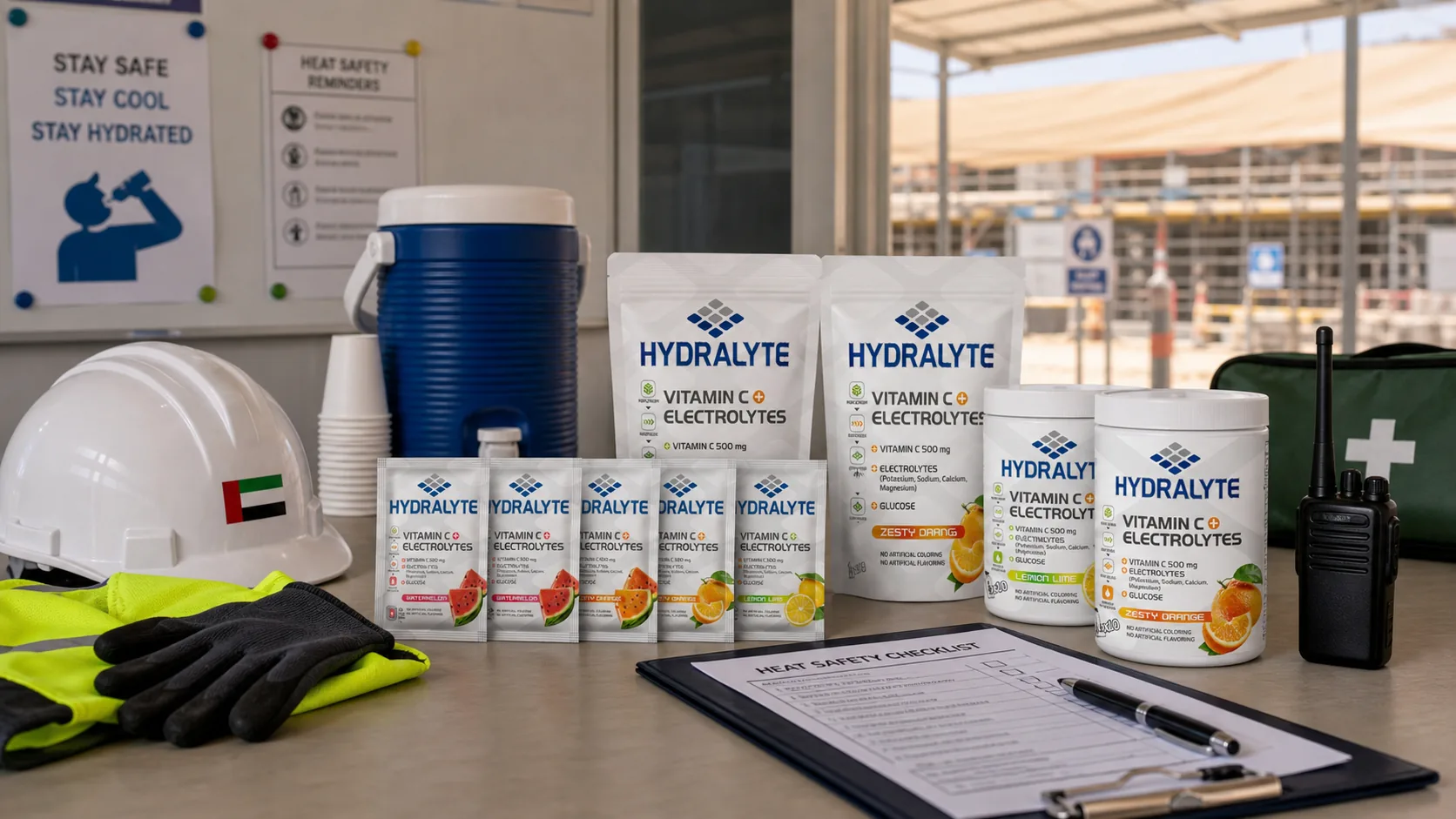 Hydralyte lemon stick at a UAE outdoor worker hydration station