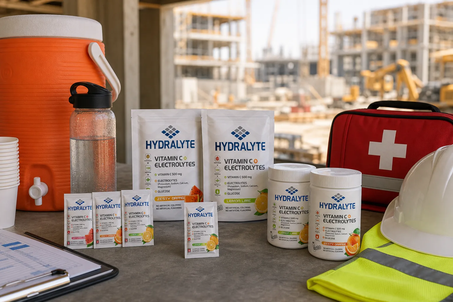 Hydralyte range at a UAE workplace safety hydration station