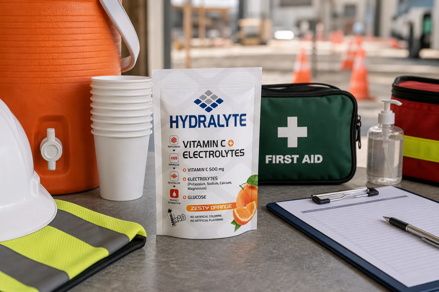 Hydralyte zesty orange pouch in a UAE first-response hydration setup
