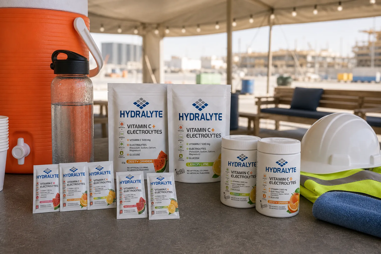 Hydralyte range at a UAE worker rest and hydration area